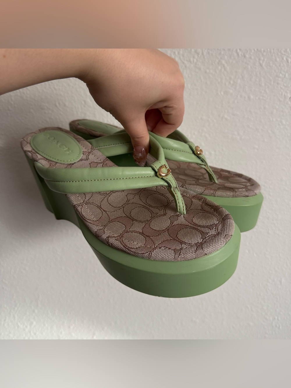 COACH Pistachio Green Leather Y2K Franki Monogram Platform Sandal Flip Flops - Picture 1 of 14